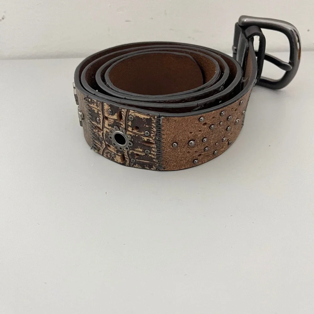 Fossil Belt Women Large Black Brown Studded Leather Patchwork Grommet BT3180016L